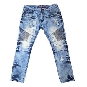 Square Zero Jeans Mens Blue Distressed Ripped Moto Biker Denim Pants‎ Size 40